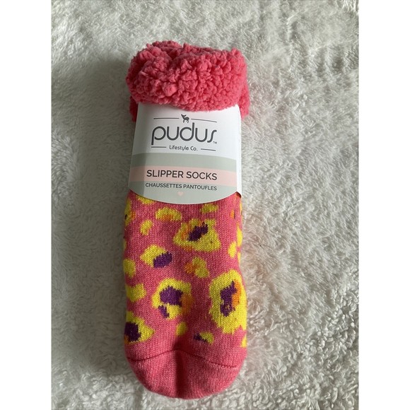 Pudus Slipper Socks Pink Floral Design Women's 5-11 Men's 6-10 Brand New - Picture 1 of 4